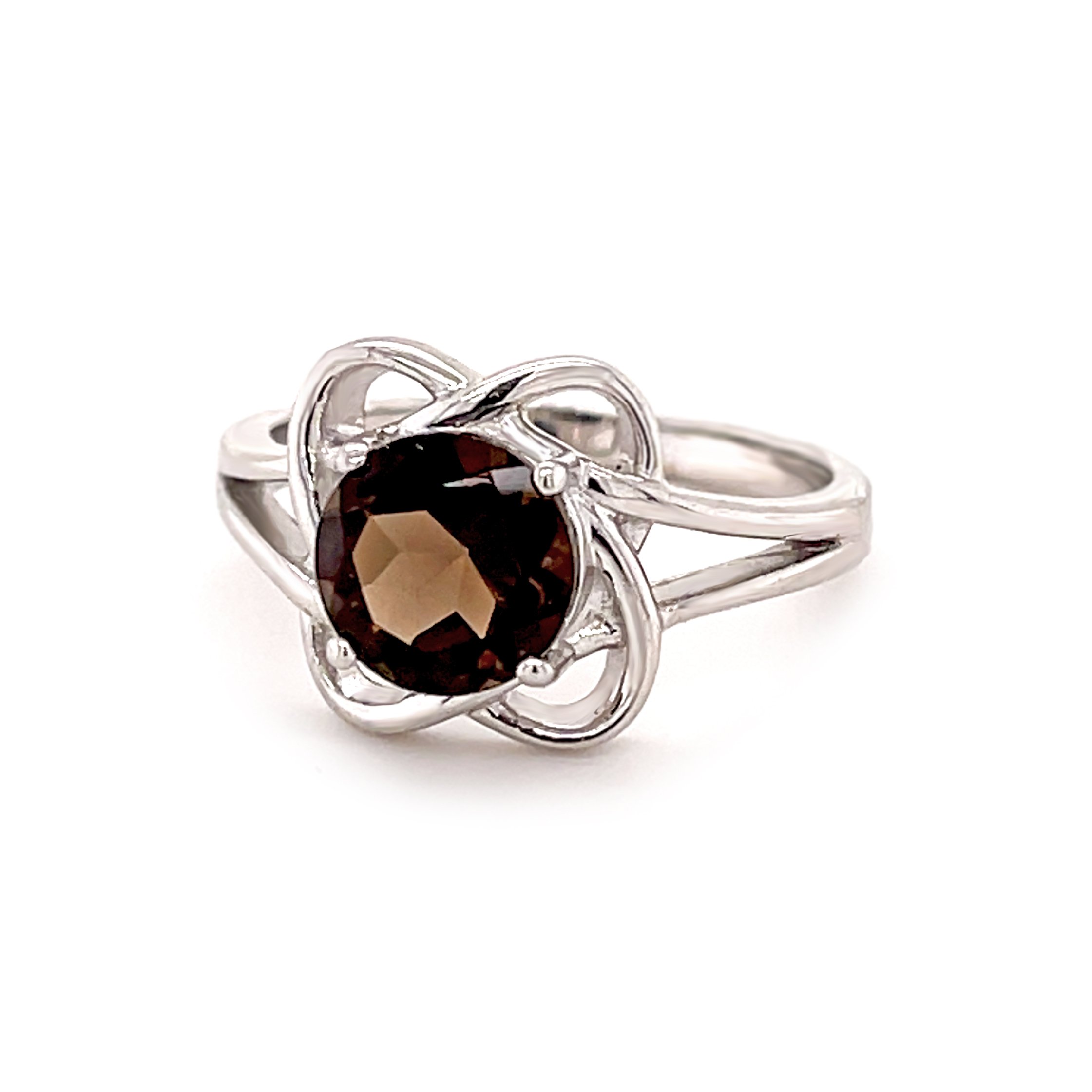 Smoky Quartz Ring Size 8 - Faceted Round With Floral Silver Wrapped Wire Bezel & Cutout Band - Prong Set