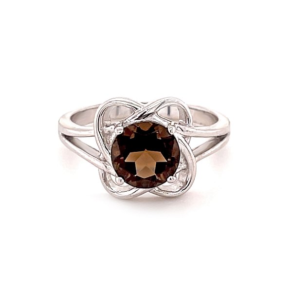 Closeup photo of Smoky Quartz Ring Size 8 - Faceted Round With Floral Silver Wrapped Wire Bezel & Cutout Band - Prong Set
