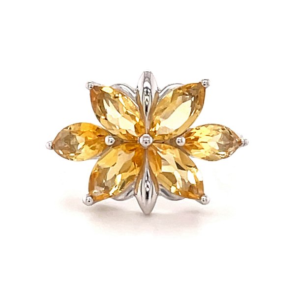 Closeup photo of Citrine Ring Size 6 - Faceted Sharp Oval Flower With Silver Beading & Stamen With Silver Bezel