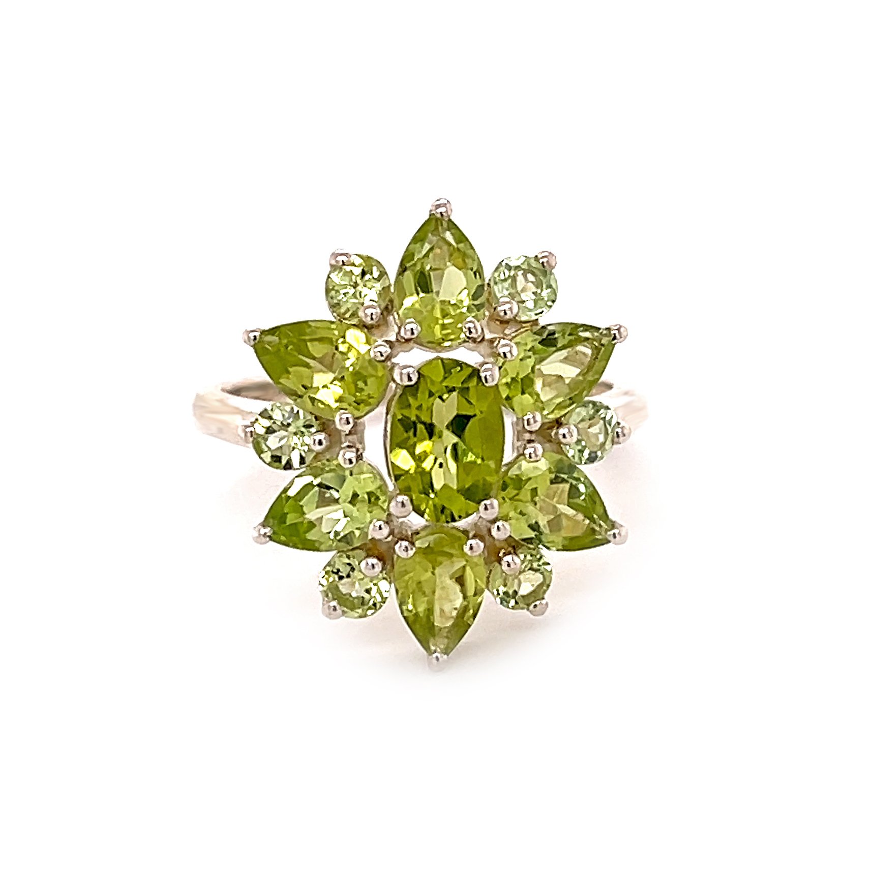 Peridot Flower Ring Size 6 - Faceted Geometric Matrix Prong Set In Ornate Floral Shape