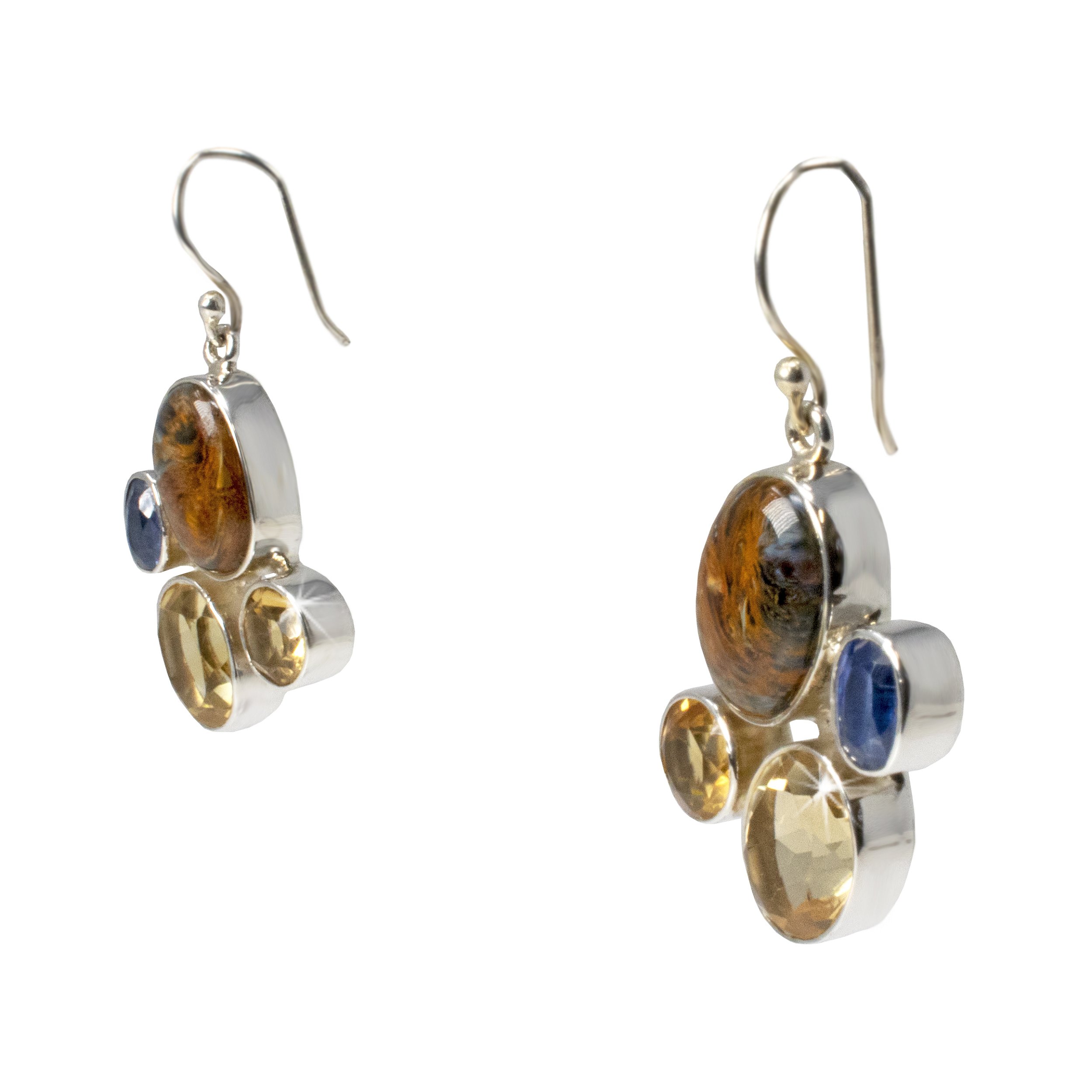Pietersite Dangle Earrings - Oval Cabochon With Faceted Citrine Ovals & Rounds With Faceted Kyanite Ovals