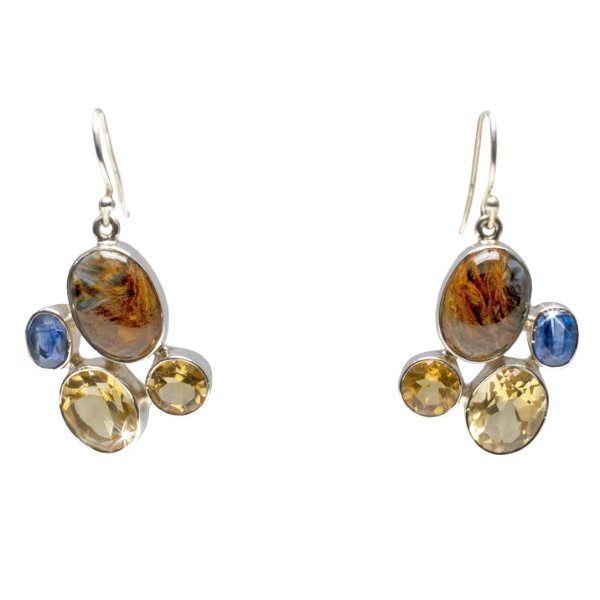 Closeup photo of Pietersite Dangle Earrings - Oval Cabochon With Faceted Citrine Ovals & Rounds With Faceted Kyanite Ovals