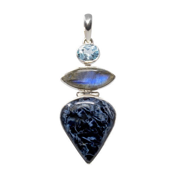 Closeup photo of Pietersite Pendant - Reverse Wide Pear Cabochon With Labradorite Sharp Oval Cabochon & Faceted Blue Topaz Oval