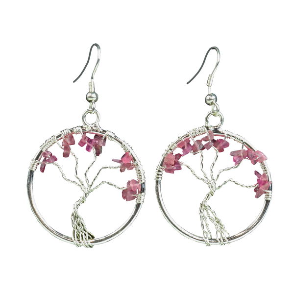 Closeup photo of Pink Tourmaline Tree Of Life Earrings