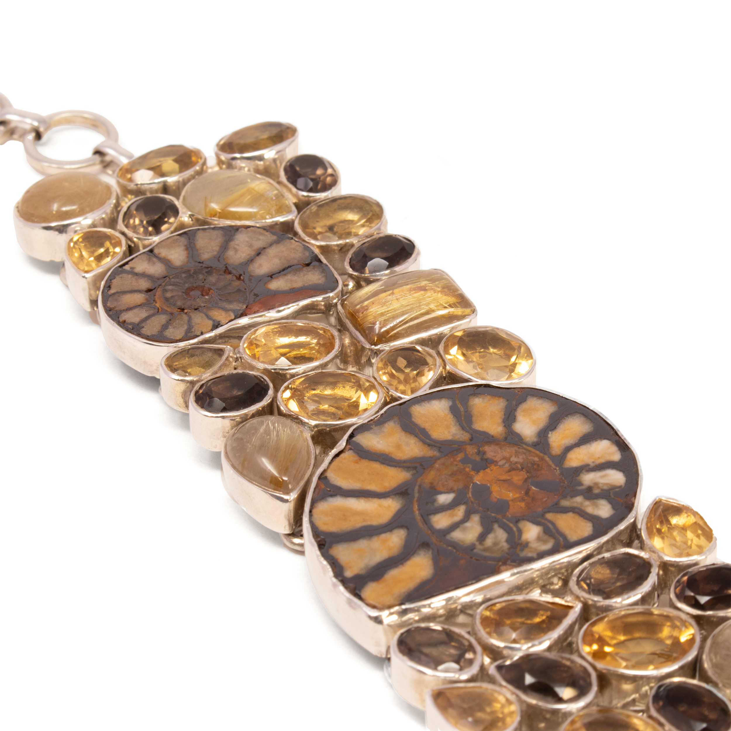 Ammonite Bracelet - 3 Ammonites Set In Faceted Citrines With Smoky Quartz & Golden Rutile Geometric Matrix