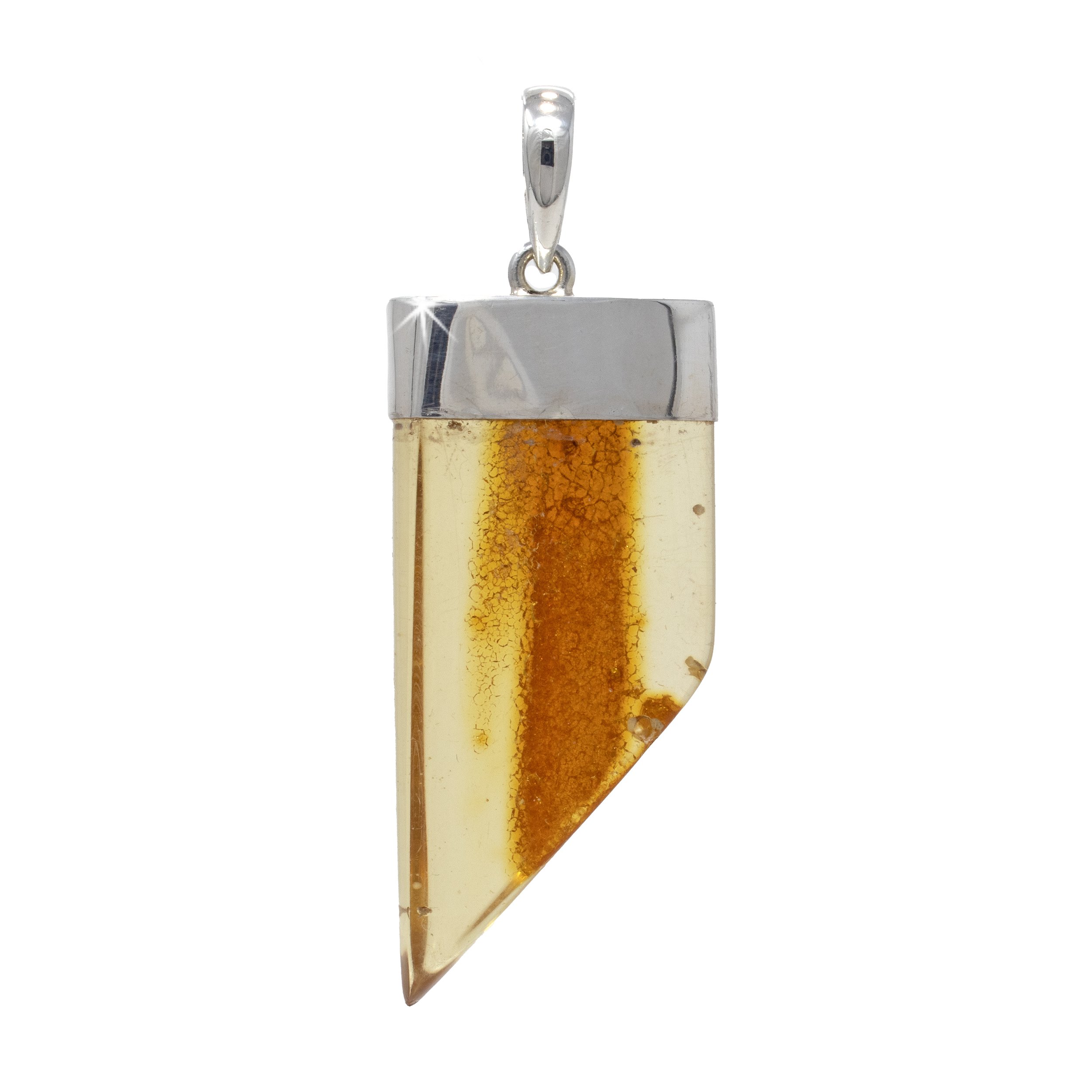 Amber Pendant - Natural Amber Tapered Freeform With Silver Lantern Top Bezel - Semi-translucent Honey Color With Cognac Colored Honeycomb Texture Vein