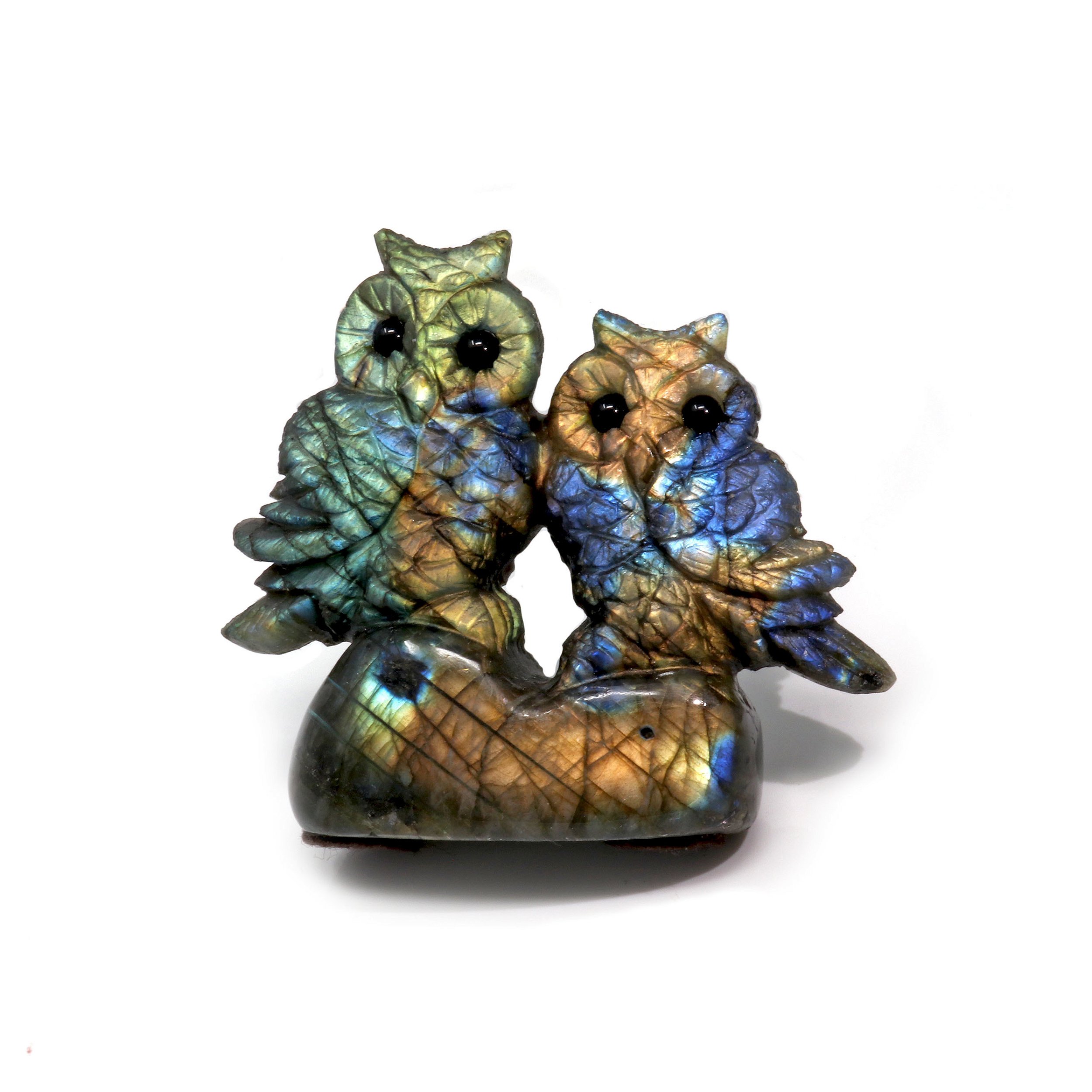 Labradorite Carving - Owl Duet With Rainbow Flash
