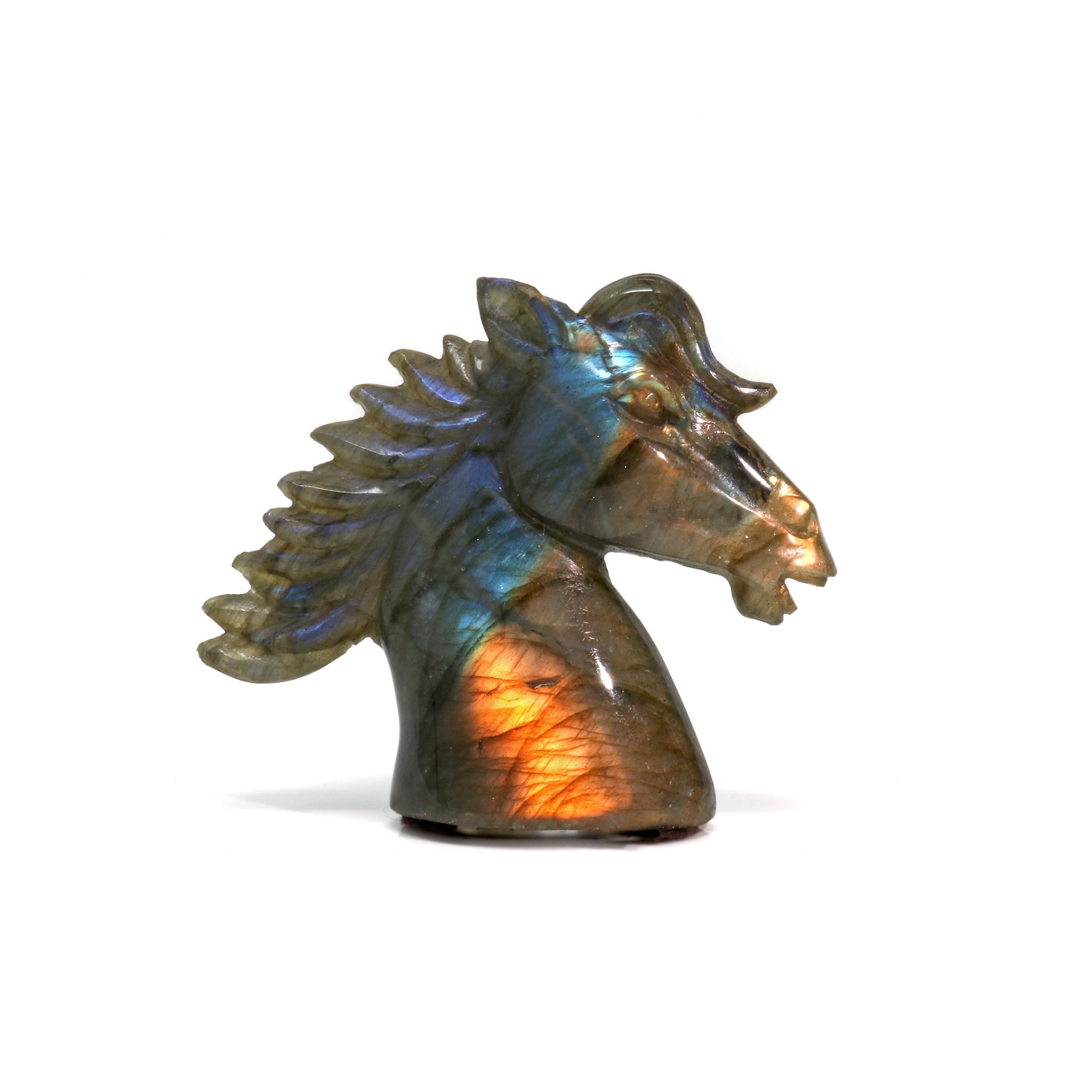 Labradorite Carving - Horse Head Small With Half Gold Half Blue Glittering Flash