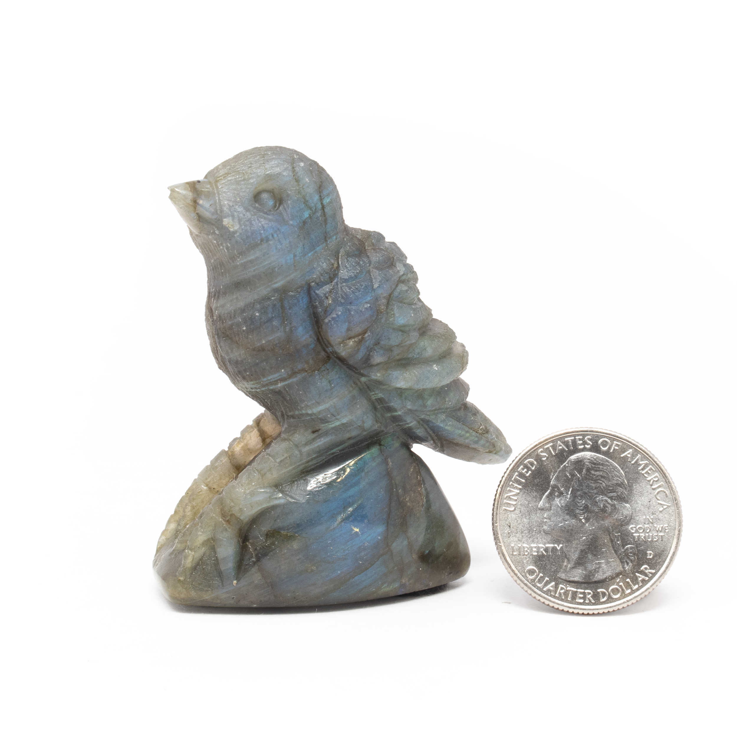 Introducing the Labradorite Bird Carving - a stunning piece of natural art crafted from vibrant labradorite stone. With intricate details that catch the eye and spark curiosity, this unique carving is perfect for bird lovers. Showcase your love for nature with this one-of-a-kind figure that adds a touch of elegance to any room. Its main feature is the beautiful labradorite stone with a vibrant blue flash. A conversation piece that celebrates the wonders of the natural world. Experience the beauty of nature with this exquisite Labradorite Bird Carving. Labradorite Carving - Bird with Vibrant Blue Flash