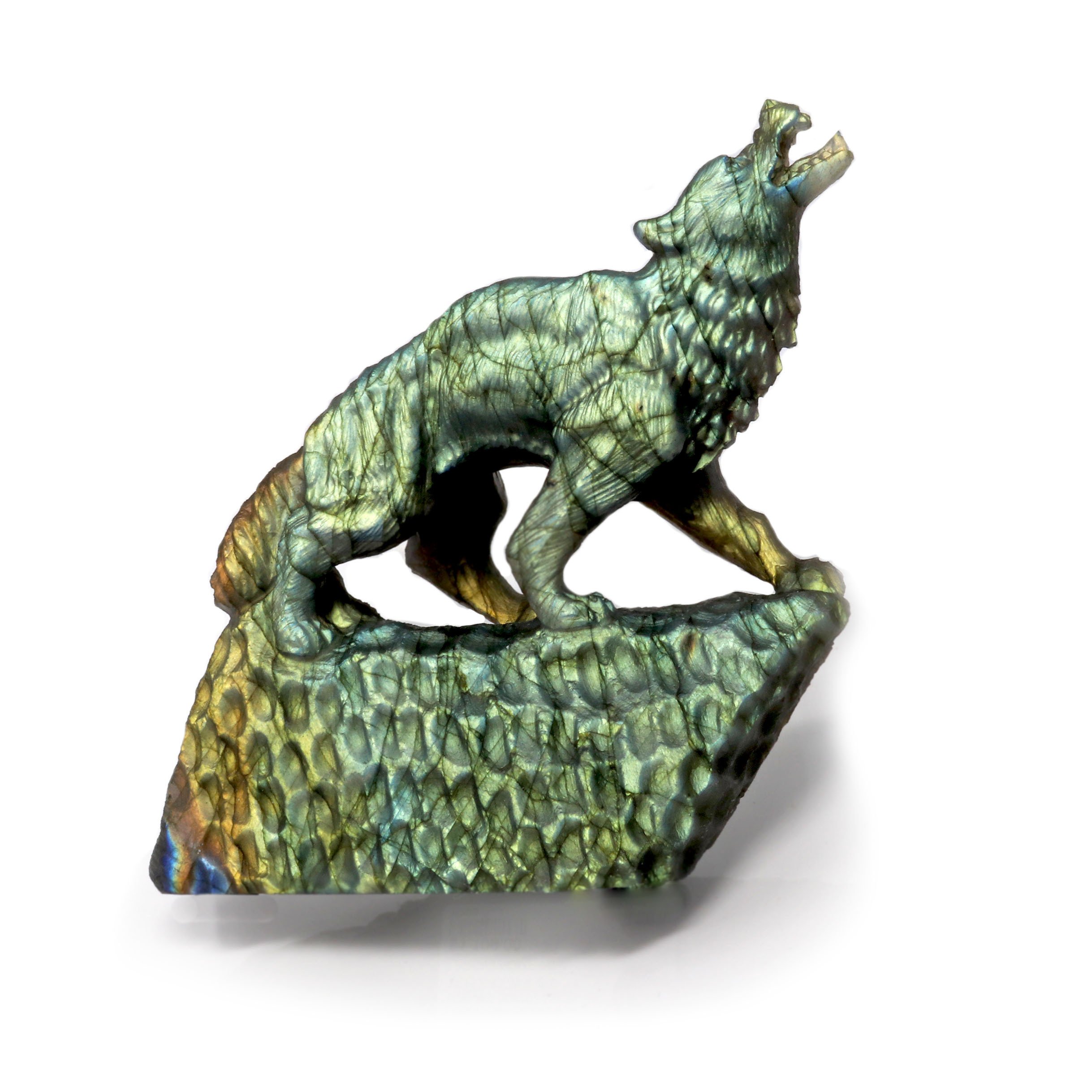 Labradorite Carving - Wolf With Howling Posture With Rainbow Flash