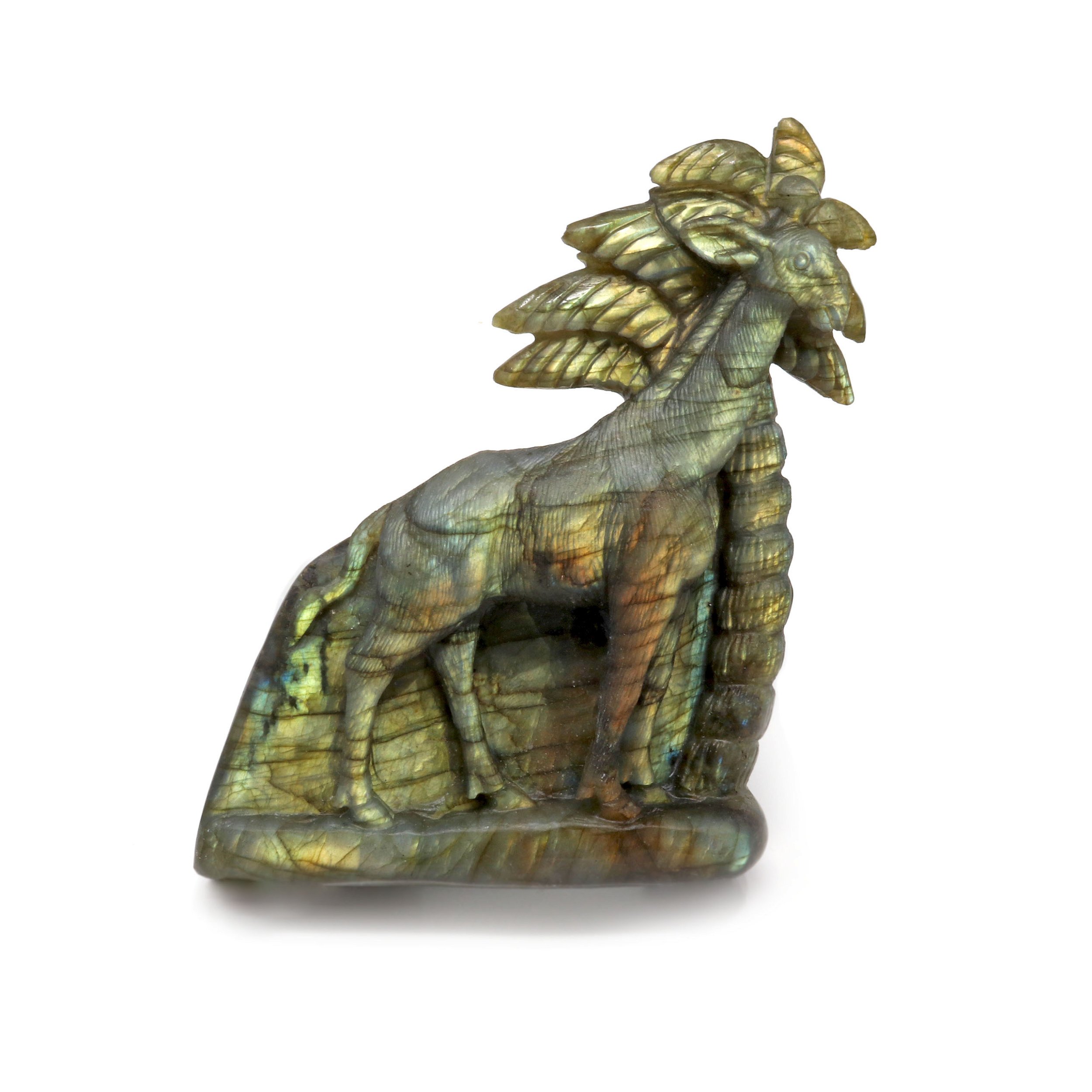 Labradorite Carving - Giraffe With Palm Tree With Golden Flash