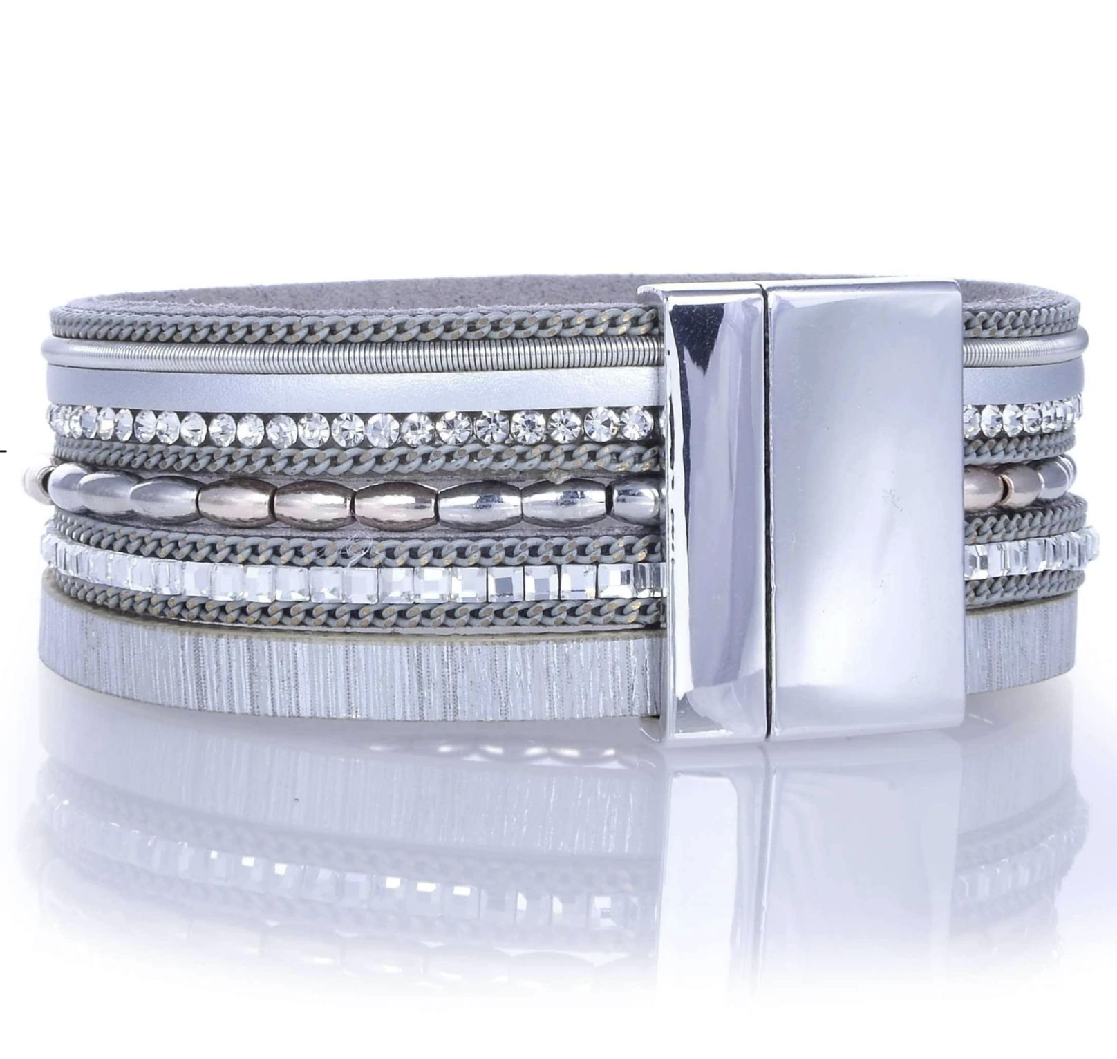 Metallic Beads & Silver Leather Multiple Wrap Bracelet With Magnetic Clasp