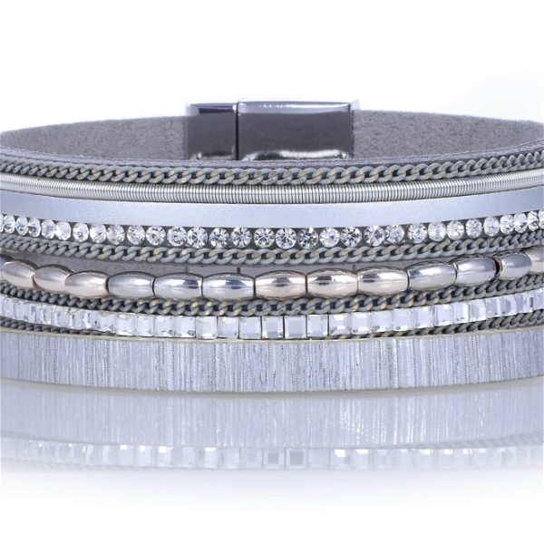 Closeup photo of Metallic Beads & Silver Leather Multiple Wrap Bracelet With Magnetic Clasp