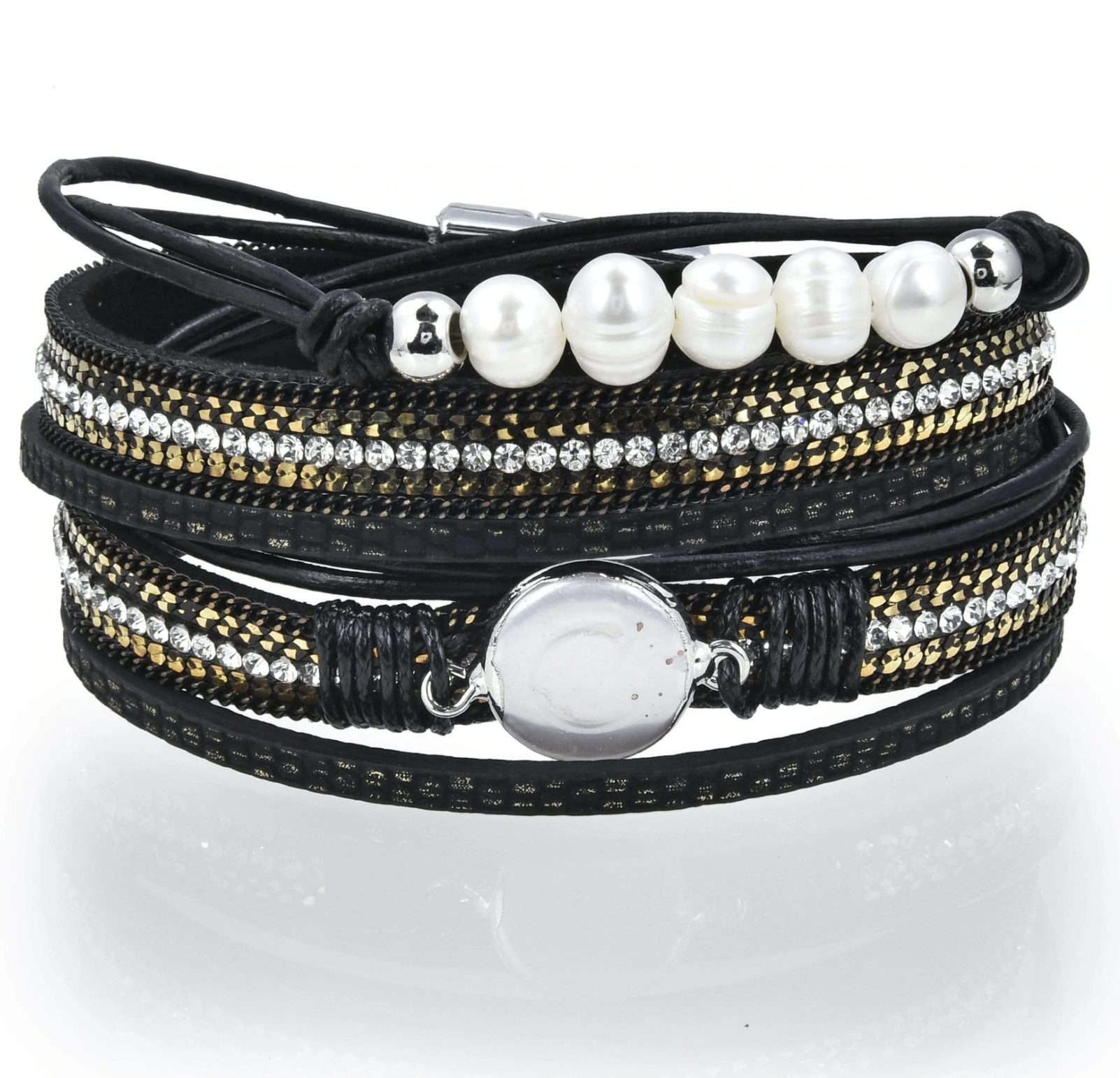 Black Leather Double Wrap Bracelet With Coin Pearl Feature And 5 Pearl Sequence With Magnetic Clasp