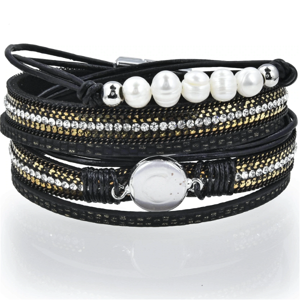 Closeup photo of Black Leather Double Wrap Bracelet With Coin Pearl Feature And 5 Pearl Sequence With Magnetic Clasp