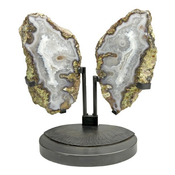 Closeup photo of Agua Nuvea Agate Geode Pair On Custom Swivel Stand With Brush Detail