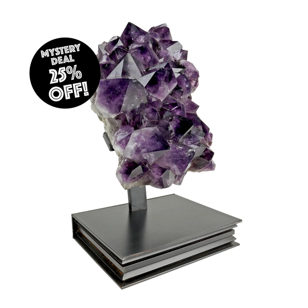 Closeup photo of Amethyst Crystal Cluster in Custom Stand (18 inches tall)