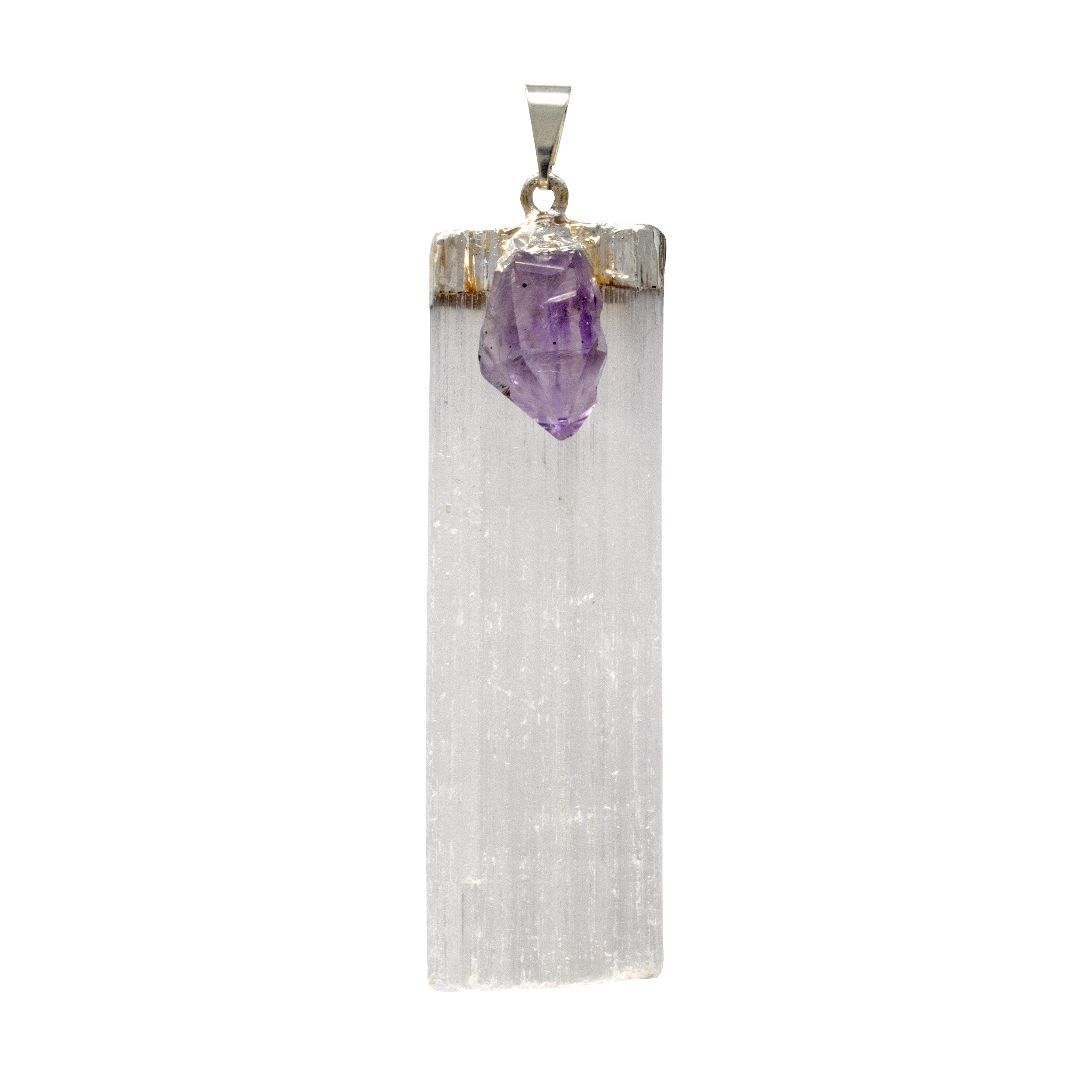 Selenite Blade Pendant With Amethyst Crystal (Selenite from Morocco)
