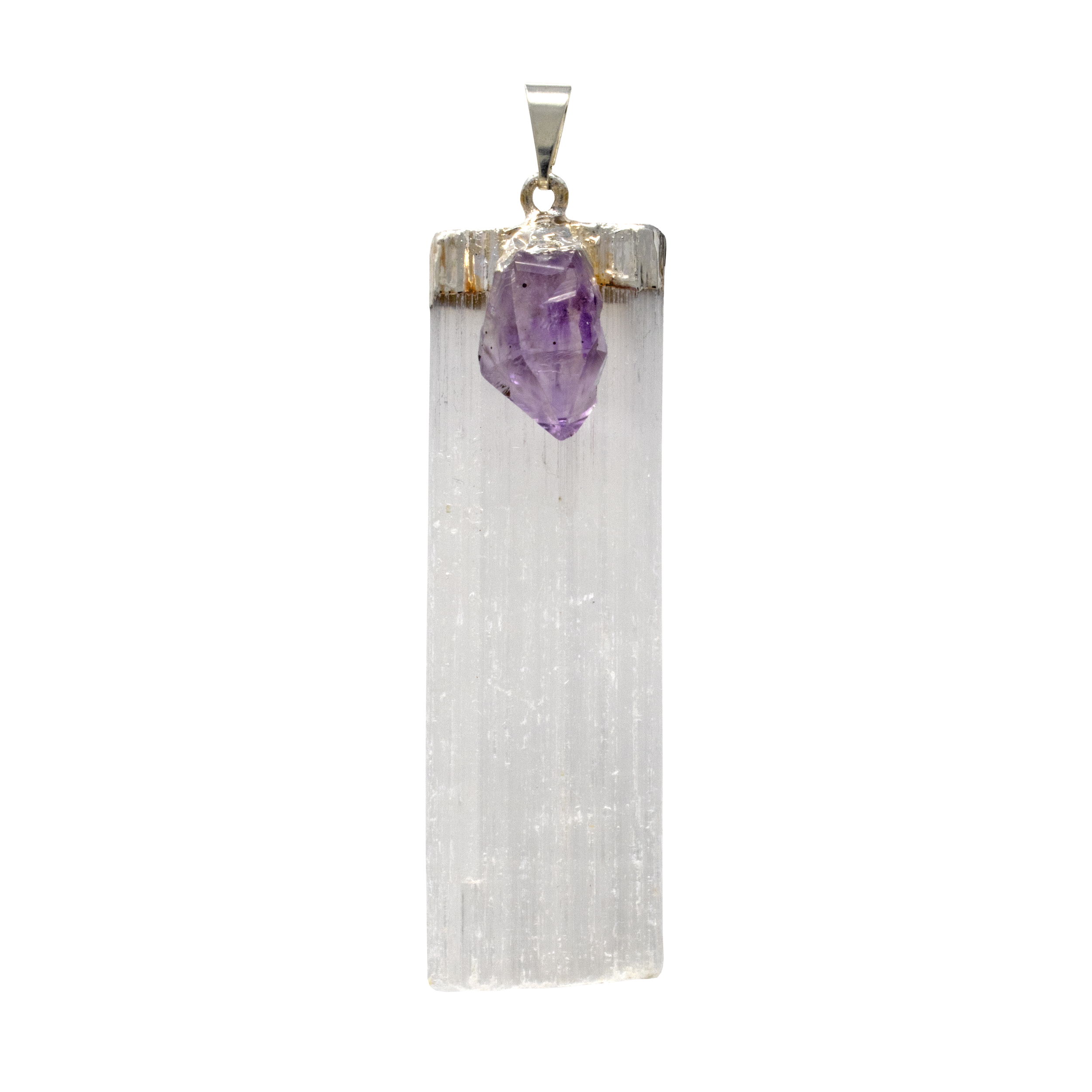 Selenite Blade Pendant with Amethyst Crystal (Selenite from Morocco)