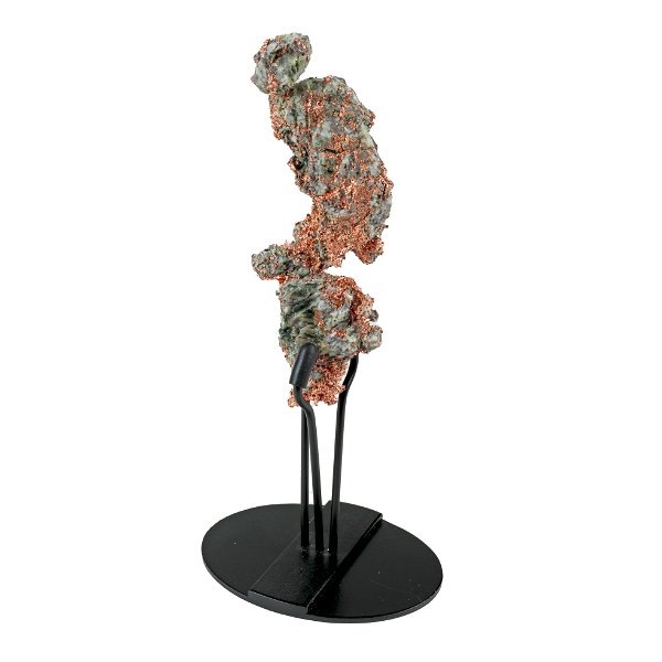 Closeup photo of Michigan Native Copper In 3 - Pronged Tension Fit Stand With Crystalization On Surface