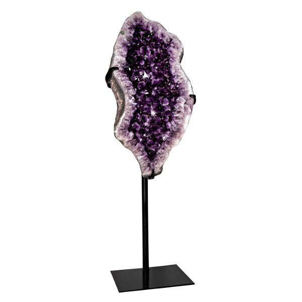Closeup photo of Amethyst Geode With Angular Shape And Large Crystals On Fitted Base
