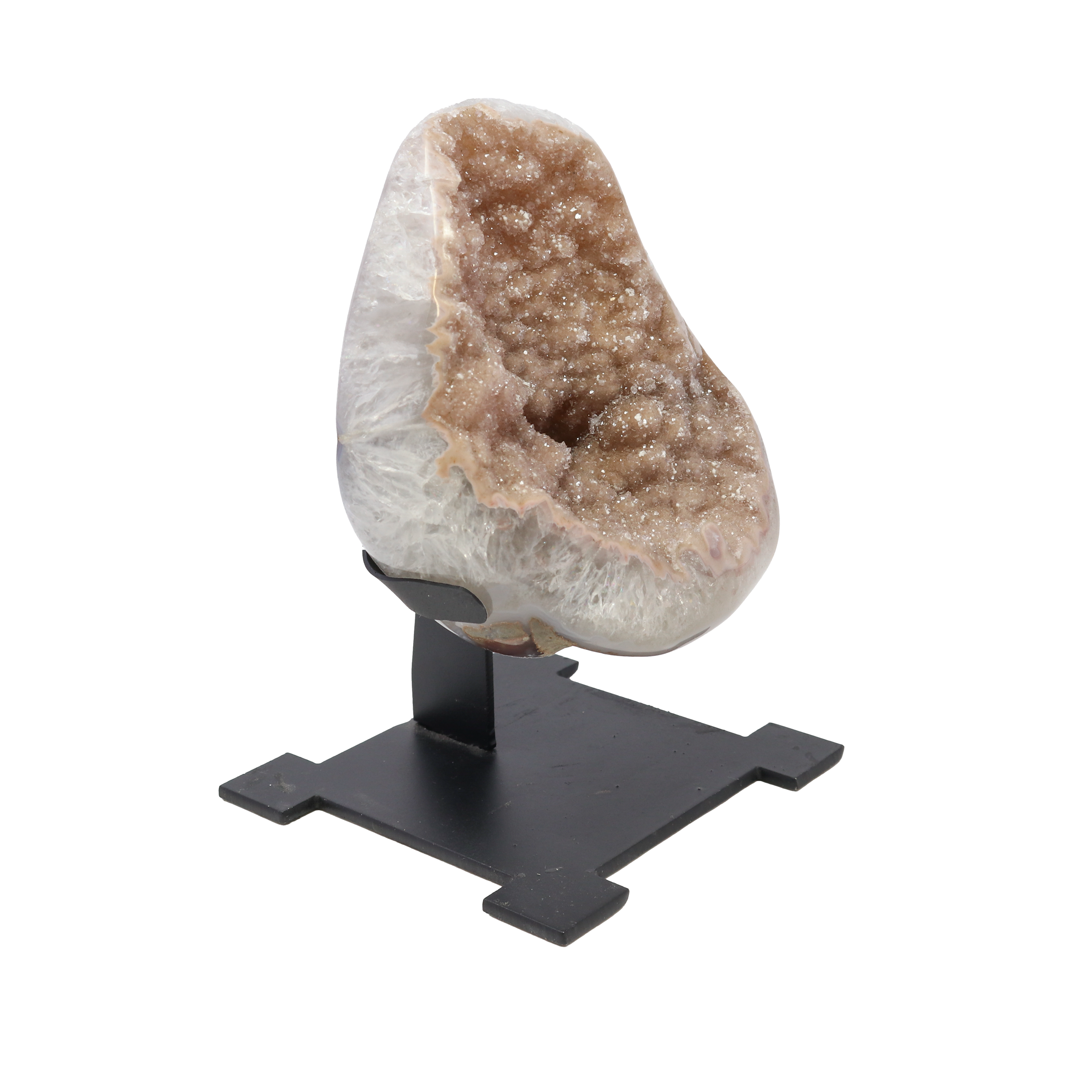 Add a pop of color and character to your home with our unique Druze Specimen on Custom Aztec Post Stand. Sourced for its light Pink hue, this one-of-a-kind mineral specimen is perfect for displaying in any living area, bedroom, or office. Not only is it a conversation starter, but it also showcases your love for nature. An excellent gift for any mineral or crystal enthusiast, get your hands on this stunning Druze Specimen today and elevate your decor game! Druze Specimen on Custom Aztec Post Stand with Bubblegum Pink Druze