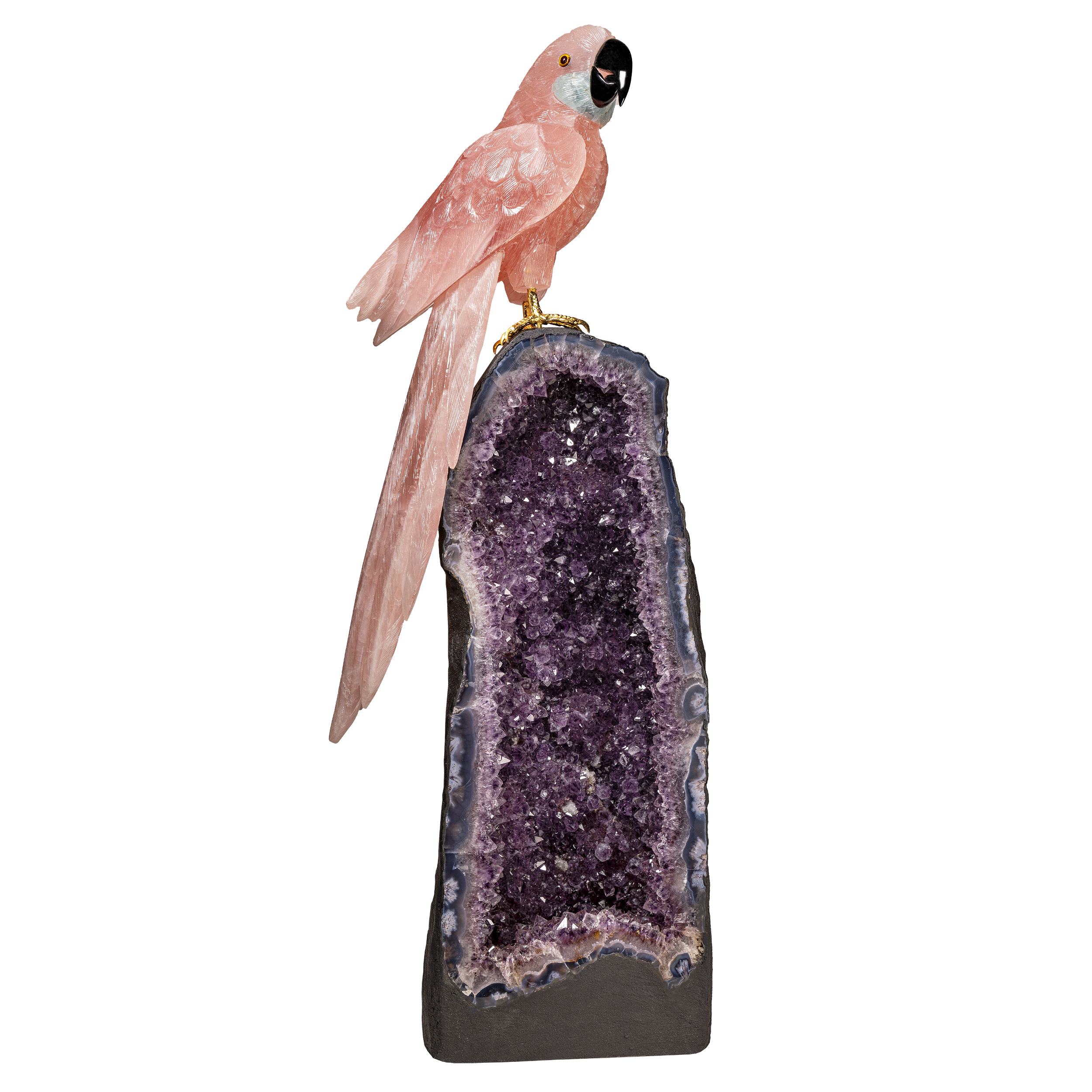 Rose Quartz Macaw With Aquamarine Cheeks On Amethyst Cathedral With Calcite Inclusion