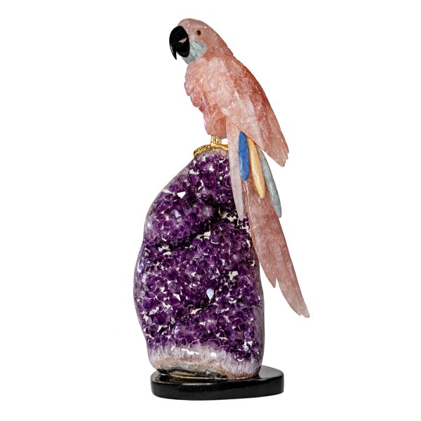 Closeup photo of Rose Quartz Macaw With Aquamarine Cheeks On Amethyst Geode With Calcite Imbedded