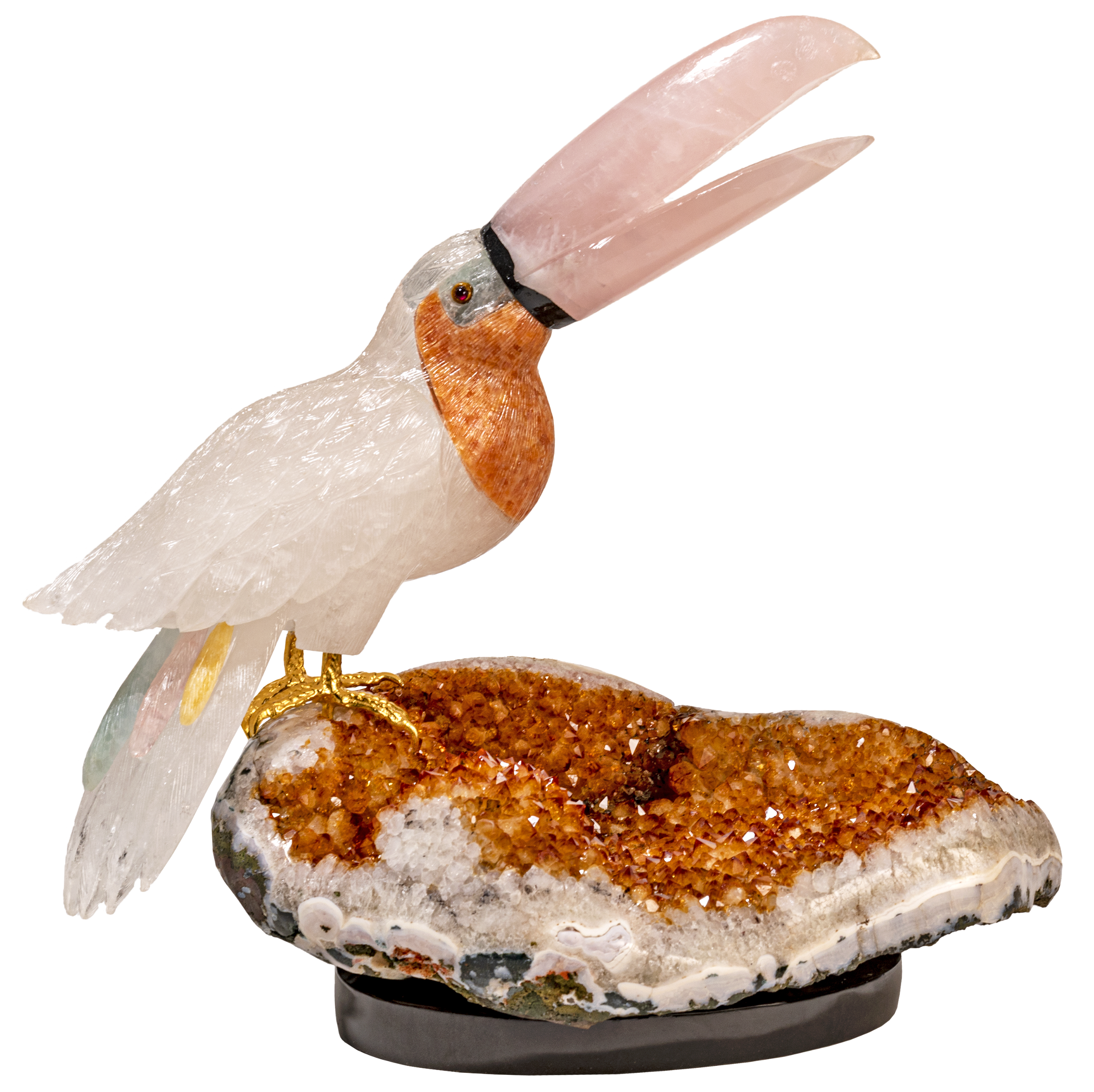 Quartz Tucan With Rose Quartz Beak & Multicolor Tail Feathers On Citrine Geode With Black Base