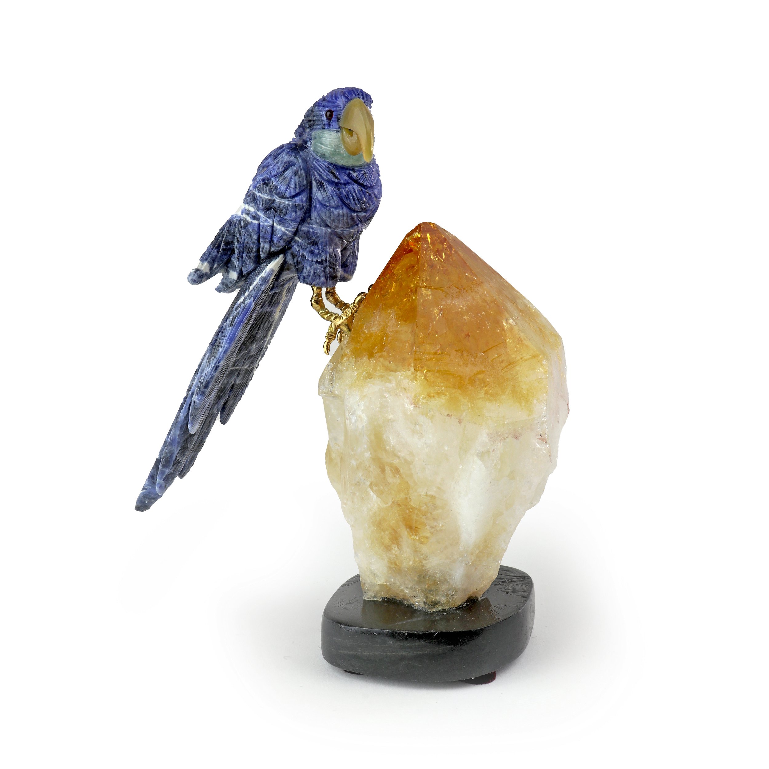 Sodalite Macaw On Citrine Point With Black Base