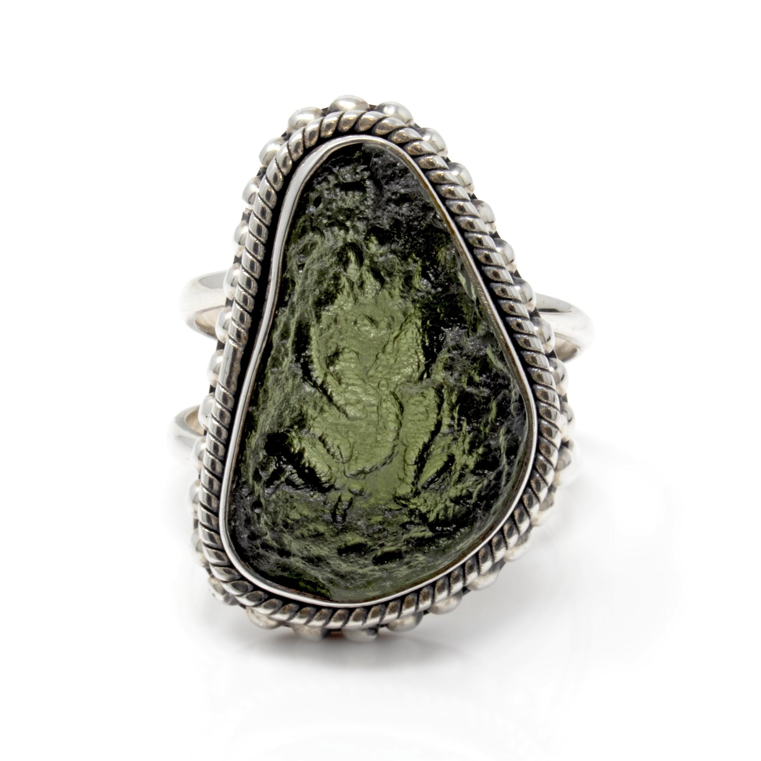 Moldavite Ring Size 10 - Freeform With Silver Rope And Beads Around Bezel Set On Double Band