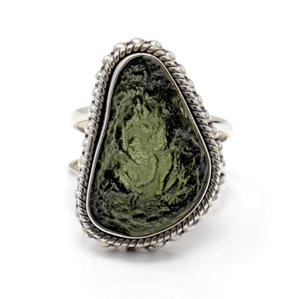 Closeup photo of Moldavite Ring Size 10 - Freeform With Silver Rope And Beads Around Bezel Set On Double Band