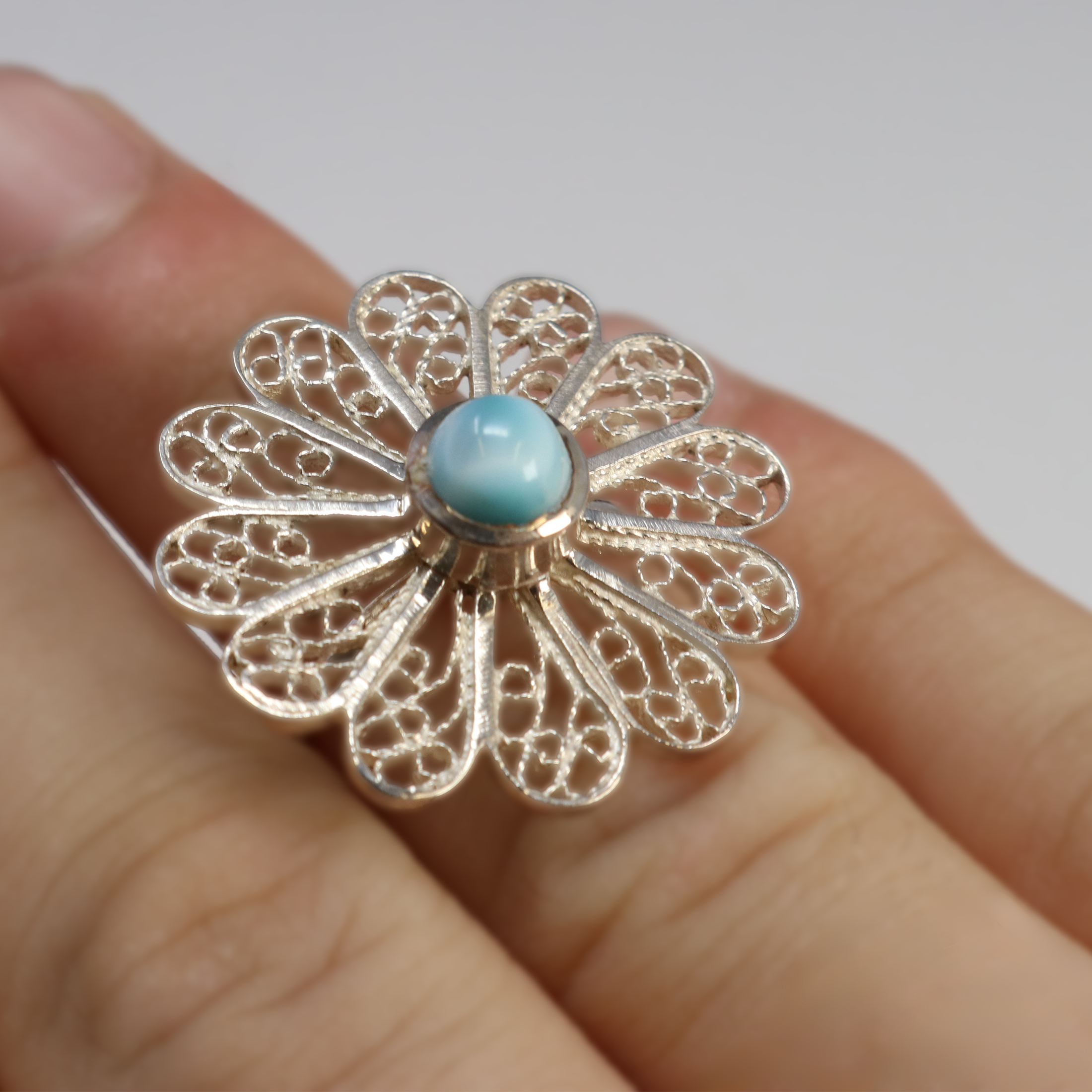 Larimar Flower Ring - Round Cabochon With Simple Silver Bezel & Dainty Filigree Flower Sz6