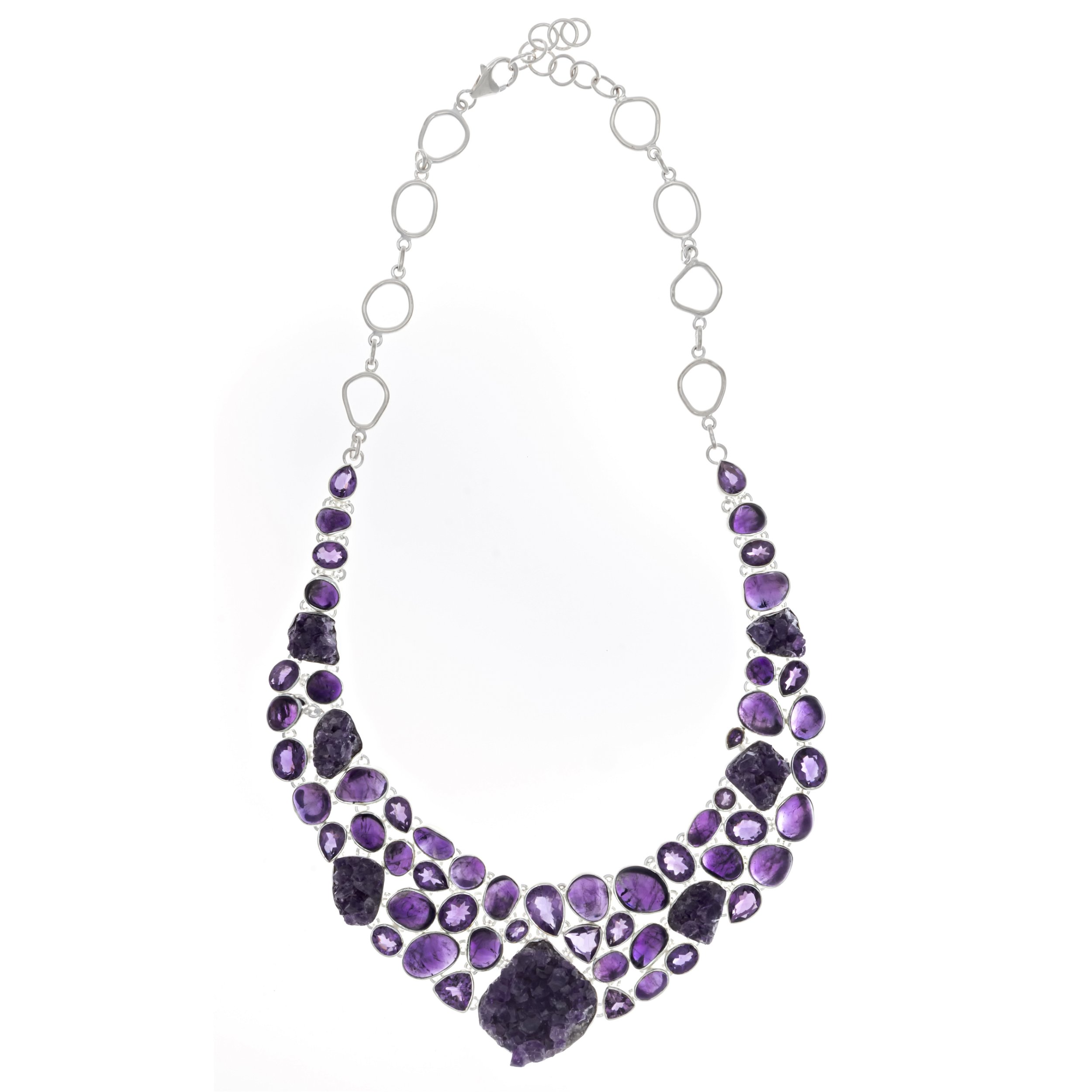 Druze Amethyst Necklace - Chunky Clusters In Cabochon & Faceted Matrix With Silver Bezels