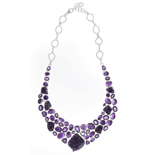 Closeup photo of Druze Amethyst Necklace - Chunky Clusters In Cabochon & Faceted Matrix With Silver Bezels