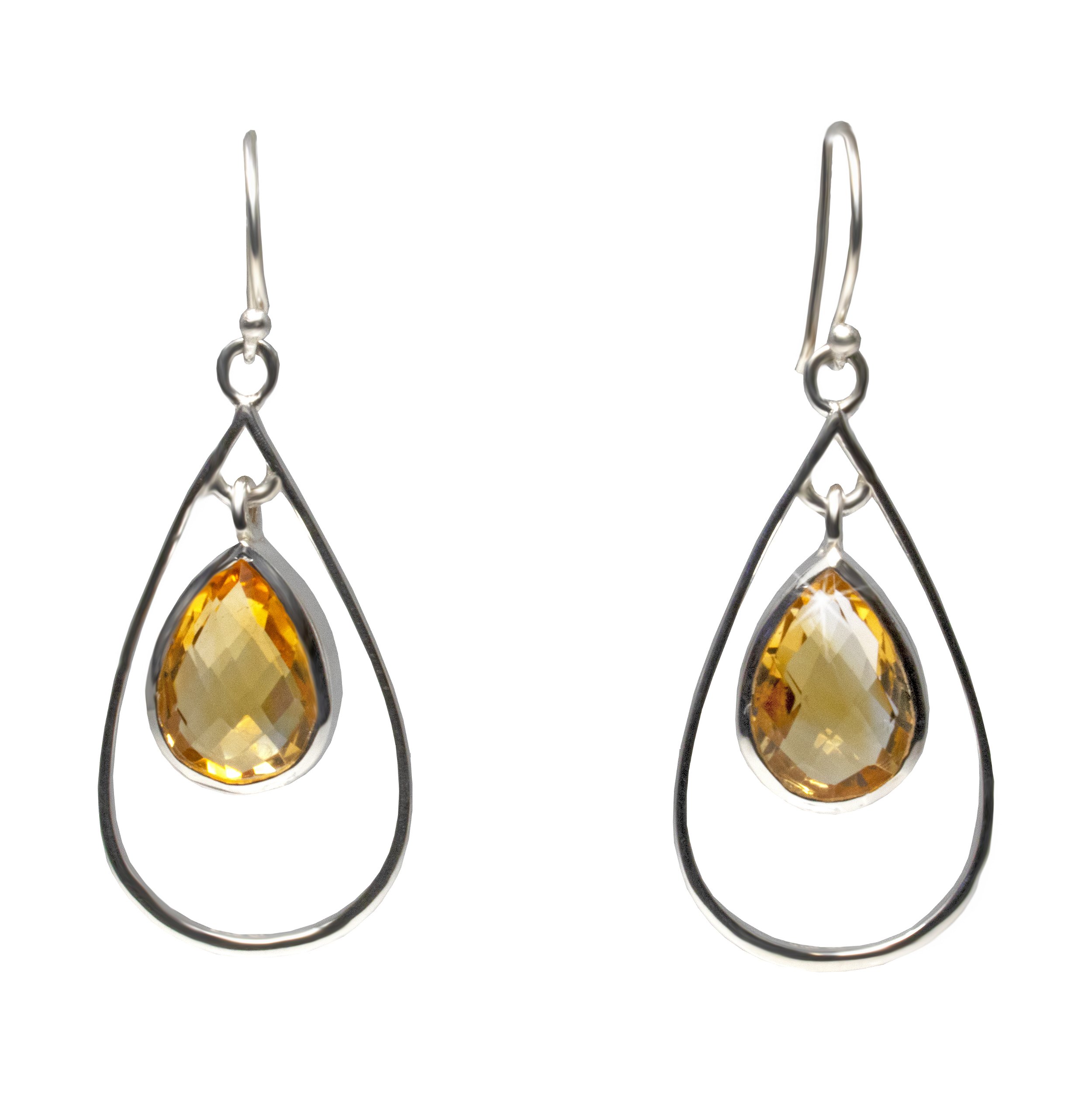 Faceted Citrine Dangle Earrings - Pear With Silver Bezel Dangling In Silver Wire Pear