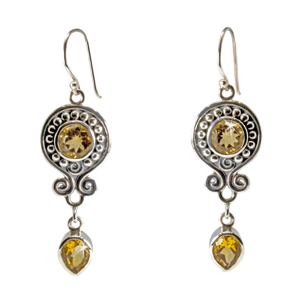 Closeup photo of Faceted Citrine Dangle Earrings - Round Set In Ornate Silver Beaded Disk With Filigree Detail & Dangling Reverse Pear