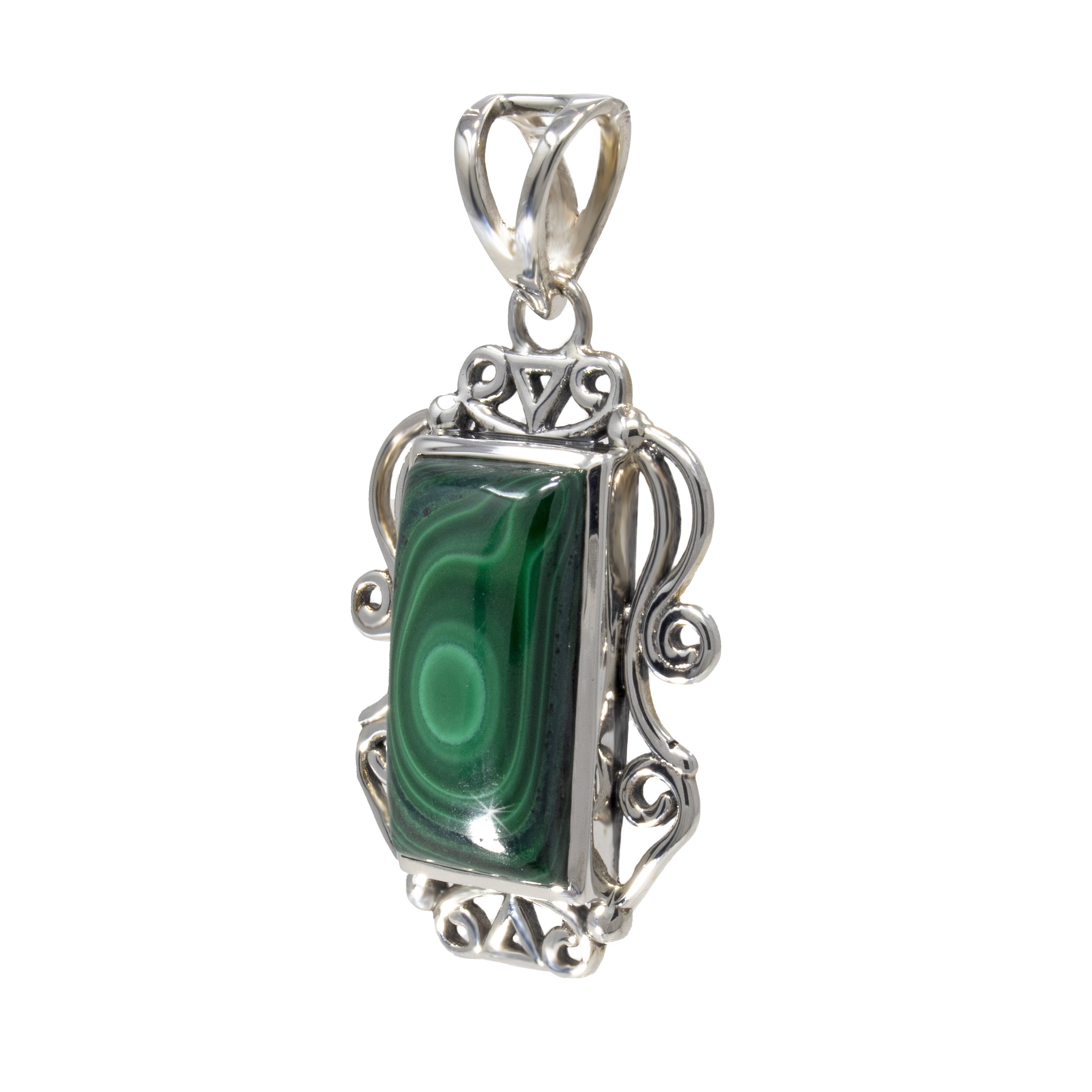 Malachite Pendant - Rectangle Cabochon With Silver Bezel & Silver Wire Filigree With Open Cut Bail