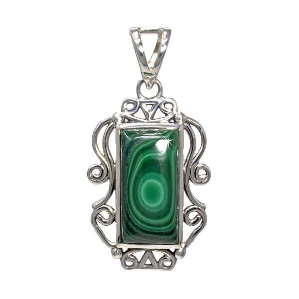 Closeup photo of Malachite Pendant - Rectangle Cabochon With Silver Bezel & Silver Wire Filigree With Open Cut Bail