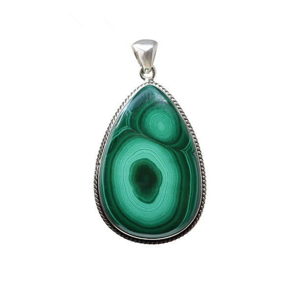 Closeup photo of Malachite Pendant - Elongated Pear Cabochon With Silver Bezel & Rope Bezel Edge With Open Bail