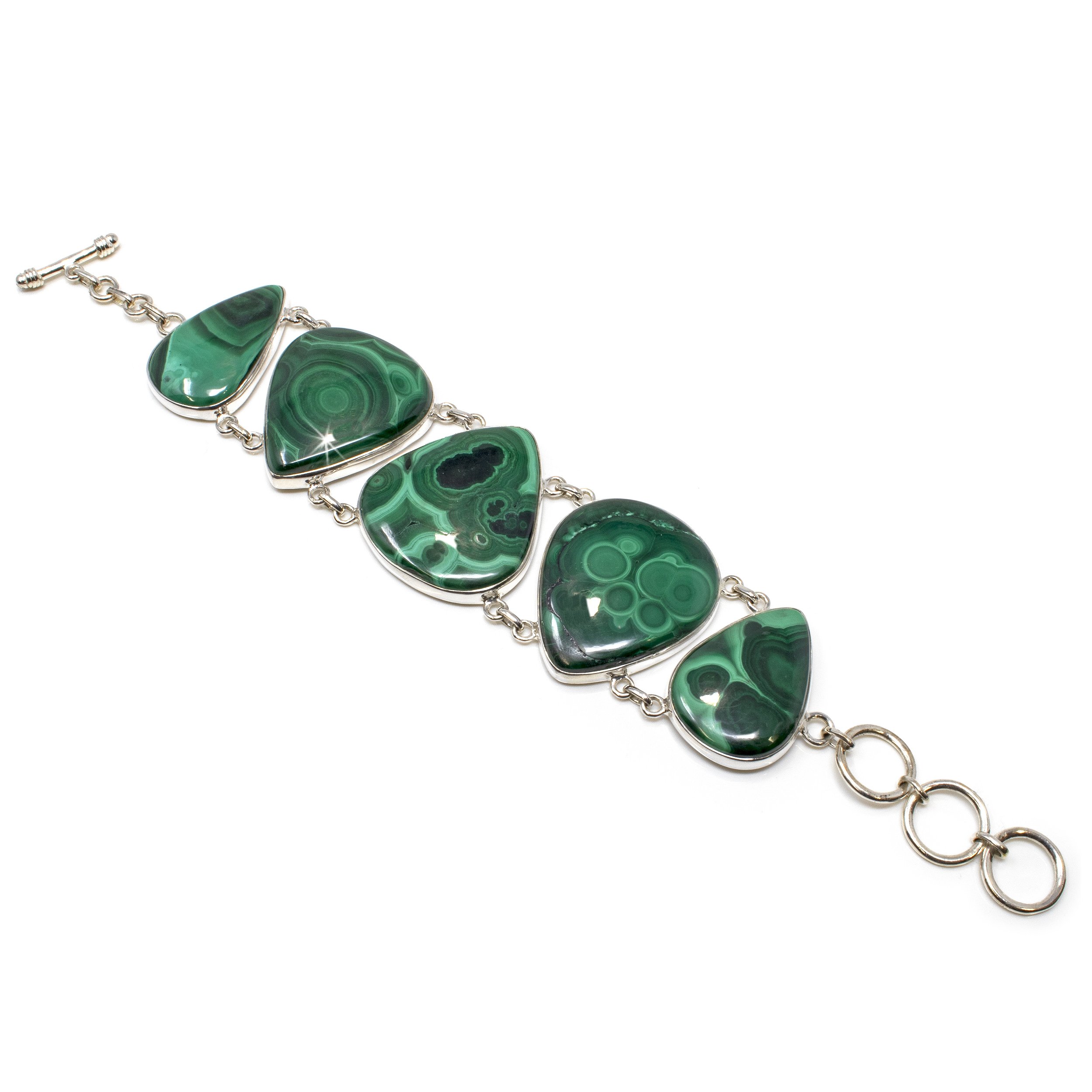 Malachite Link Bracelet - 5 Pear Cabochons With Simple Silver Bezels & Toggle Clasp