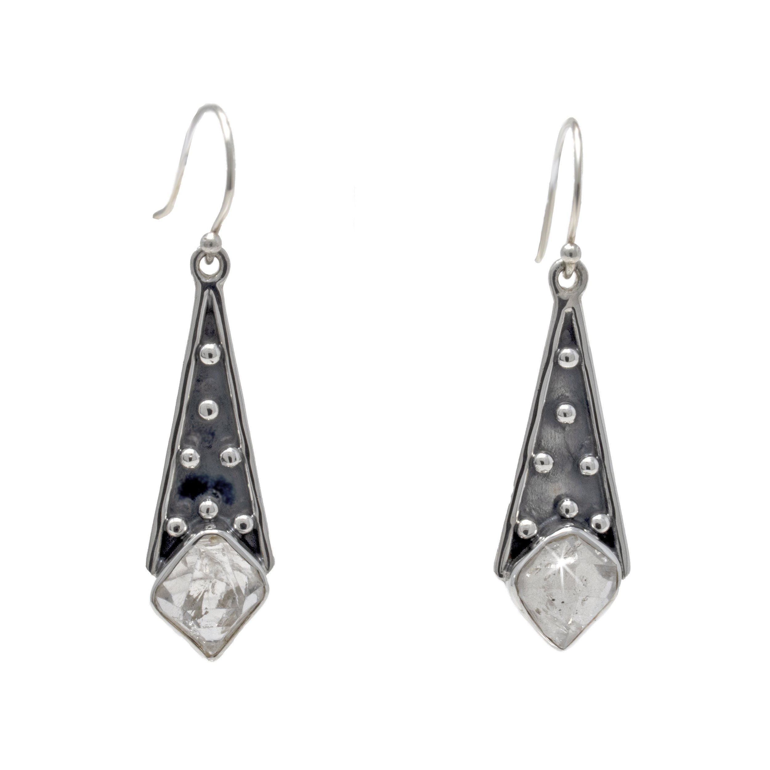 Herkimer Diamond Dangle Earrings - Natural Point Set On Elongated Silver Triangle With Beaded Detail
