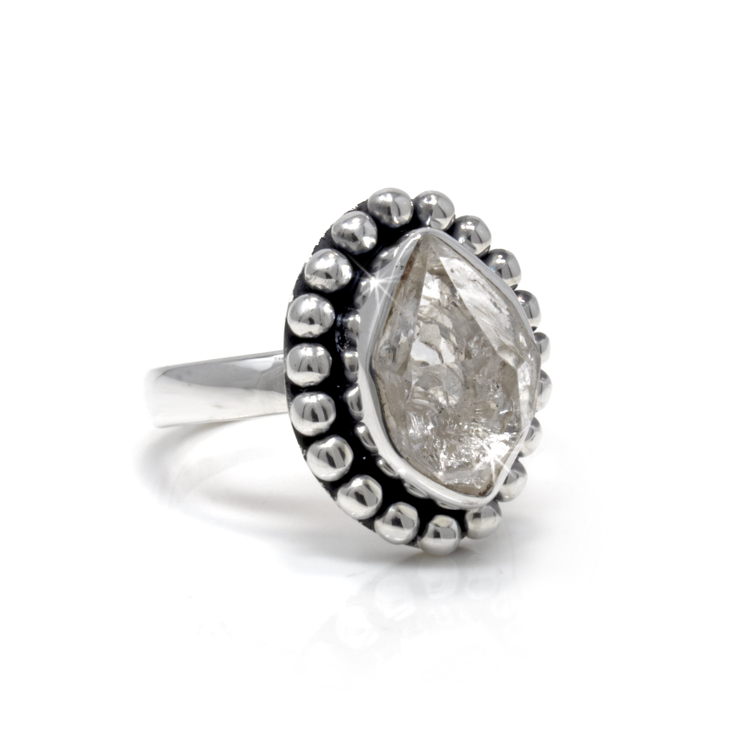 Herkimer Diamond Ring With Silver Bezel Edge & Beading Size 7