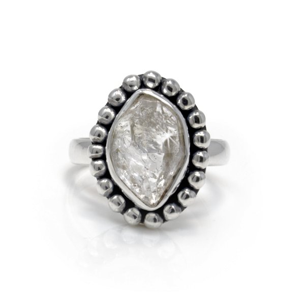 Closeup photo of Herkimer Diamond Ring With Silver Bezel Edge & Beading Size 7
