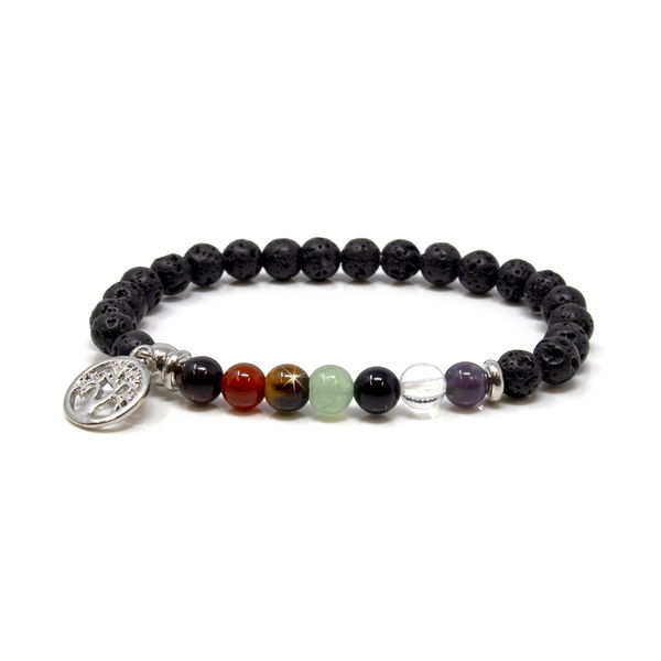 Closeup photo of 7 Chakra And Lava Beaded Bracelet - 6mm With Tree Of Life Charm