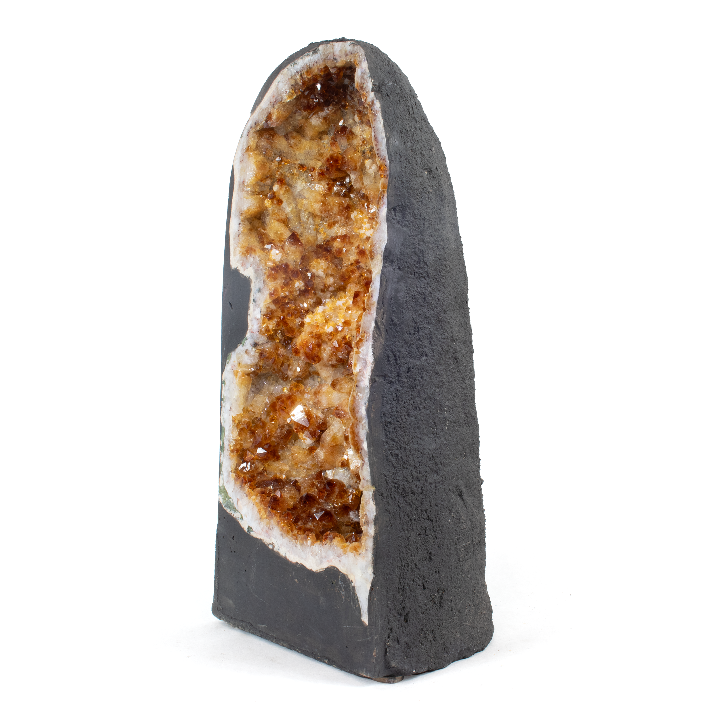 This stunning Citrine Cathedral geode features golden citrine crystals paired with a smooth agate bulb and a luminous calcite inclusion—uniting beauty, grounding, and energetic clarity in one breathtaking formationd like a cathedral to enhance its visual and spiritual presence, it’s ideal for home, office, or sacred spaces. A powerful statement piece for collectors and crystal lovers alike, celebrating Earth’s artistry and uplifting energy. Citrine Cathedral With Agate Bulb On Side & Calcite Inclusion