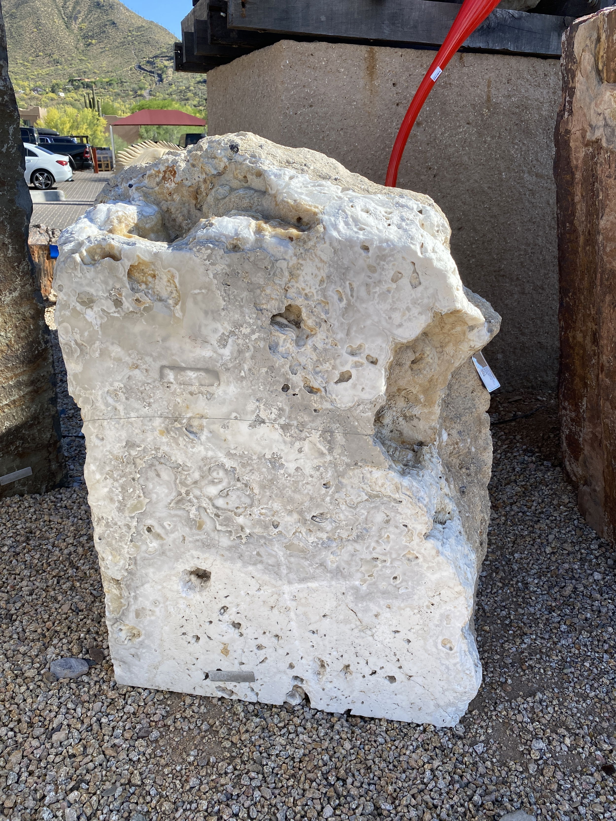 White Gray Pearlescent Onyx Fountain With Top Vug & Caliche Back