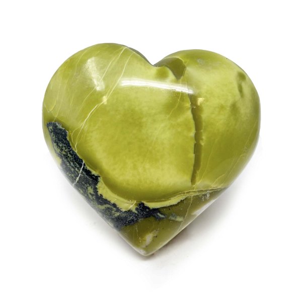 Closeup photo of Green Serpentine Heart With Pyrite Inclusions
