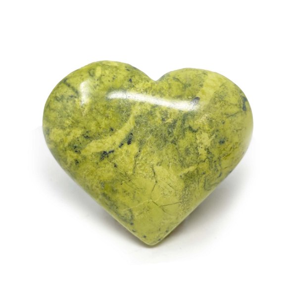 Closeup photo of Green Serpentine Heart With Pyrite Inclusions