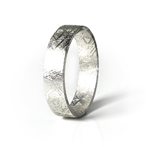 Closeup photo of Meteorite Ring Size 14.5 Muonionalusta Solid Band with Rhodium Overlay - 6mm